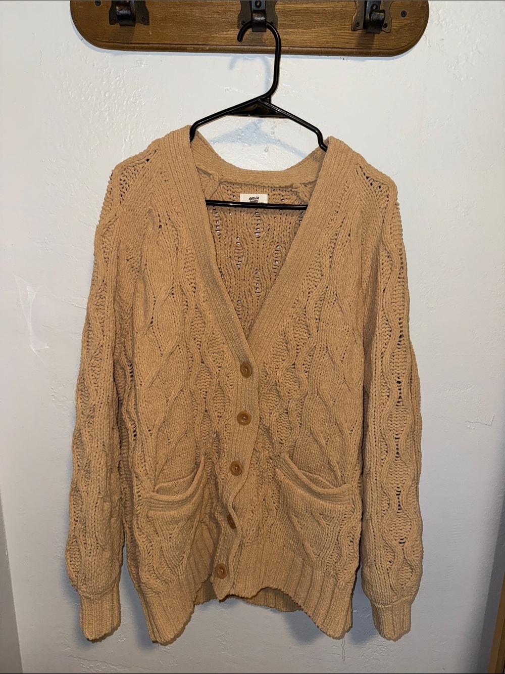 aerie Cable Knit Button-Front Cardigan - Tan